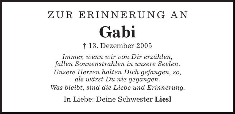 Traueranzeige Gabi Seliger