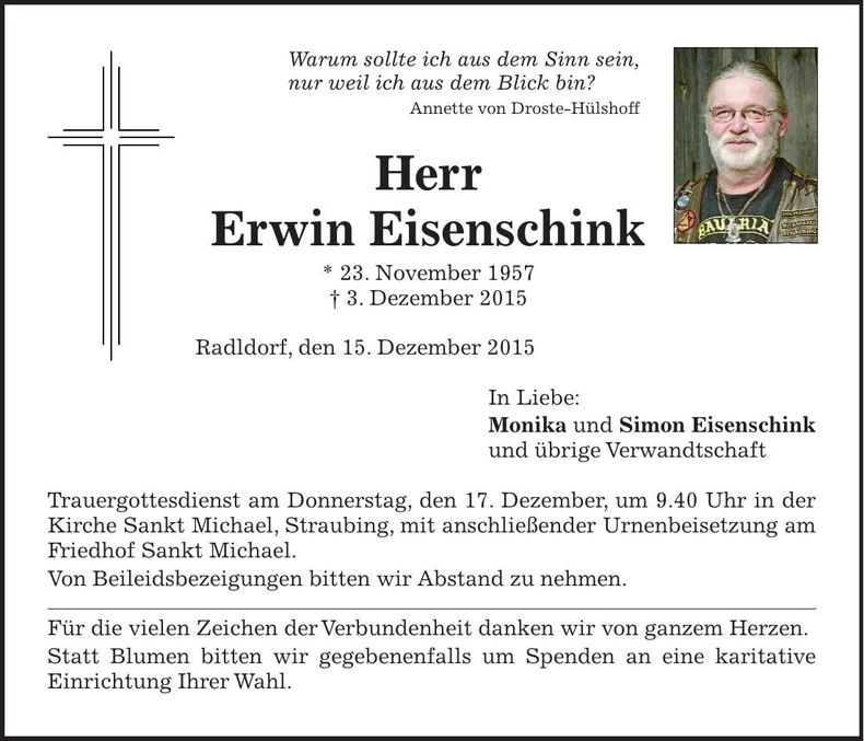 Traueranzeige Erwin Eisenschink