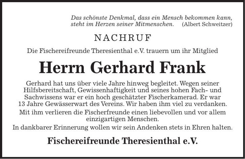 Traueranzeige Gerhard Frank