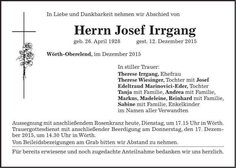 Traueranzeige Josef Irrgang