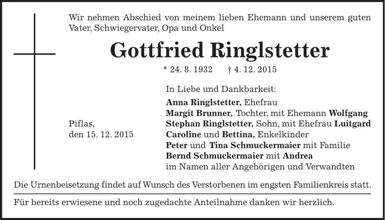 Traueranzeige Gottfried Ringlstetter