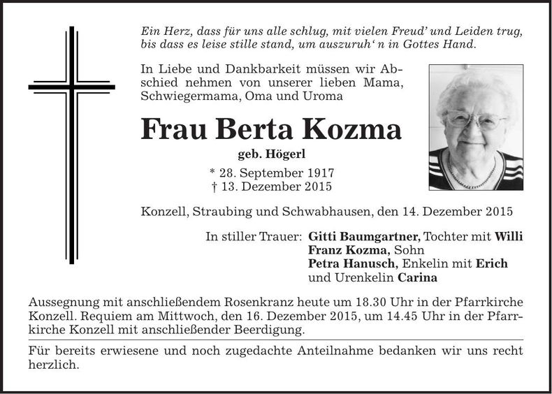 Traueranzeige Berta Kozma