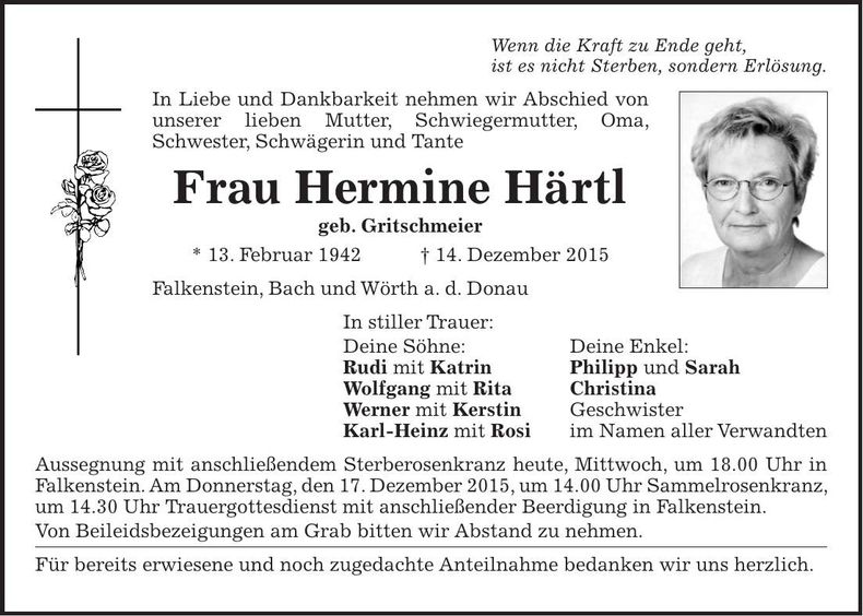 Traueranzeige Hermine Härtl