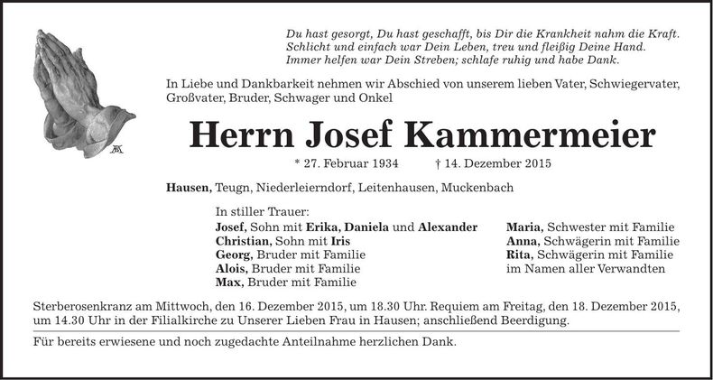 Traueranzeige Josef Kammermeier