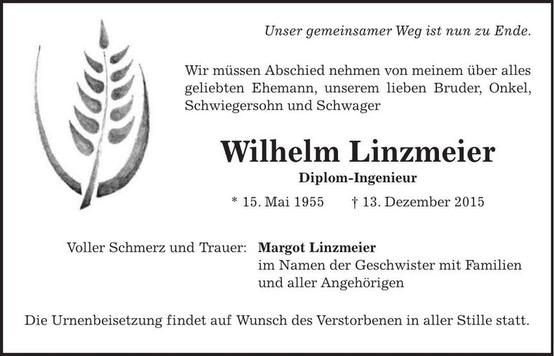 Traueranzeige Wilhelm Linzmeier