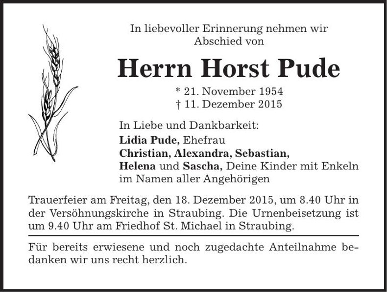 Traueranzeige Horst Pude