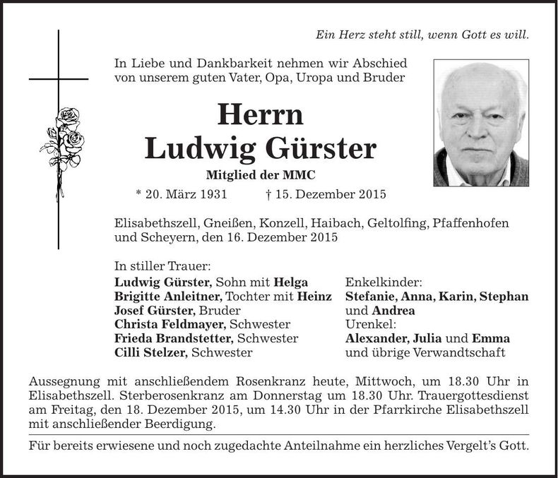Traueranzeige Ludwig Gürster