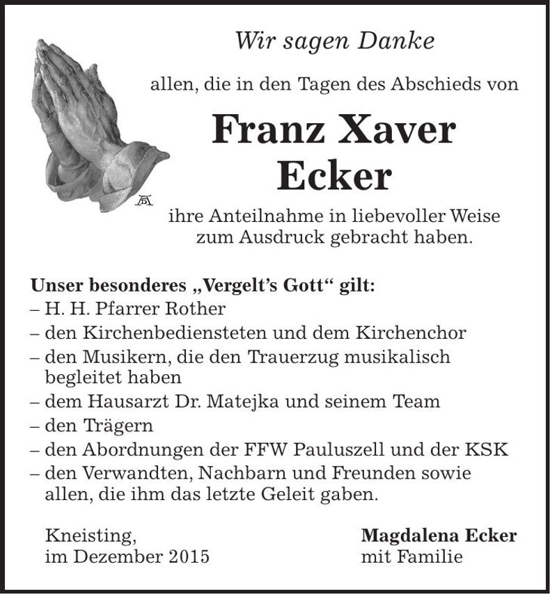 Traueranzeige Franz Xaver Ecker