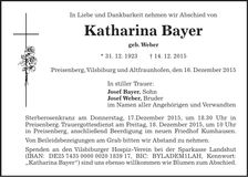 Traueranzeige Katharina Bayer