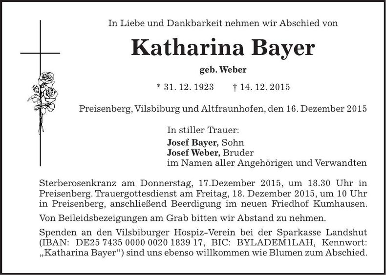 Traueranzeige Katharina Bayer