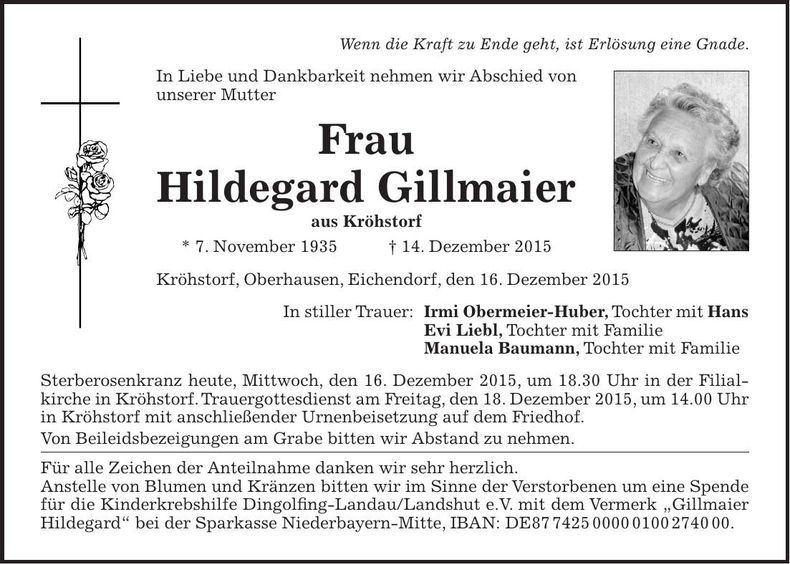 Traueranzeige Hildegard Gillmaier