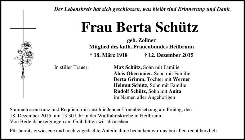 Traueranzeige Berta Schütz