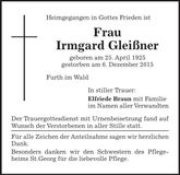 Traueranzeige Irmgard Gleißner