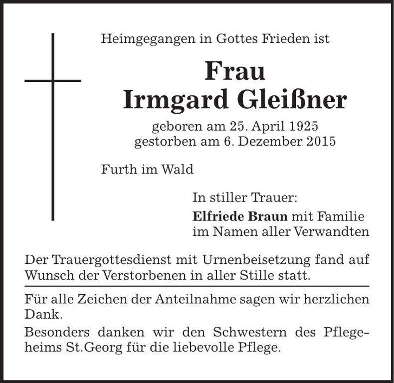 Traueranzeige Irmgard Gleißner