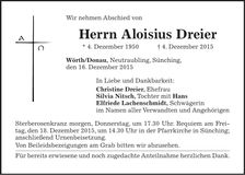 Traueranzeige Aloisius Dreier