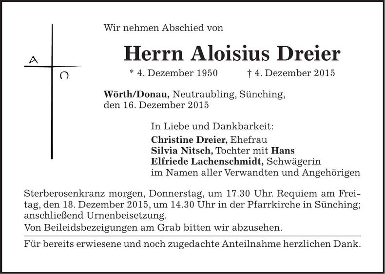 Traueranzeige Aloisius Dreier
