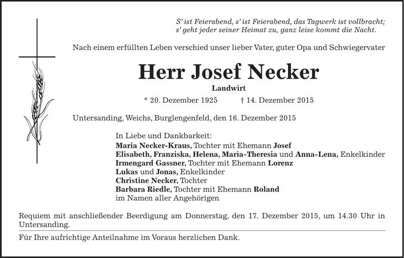 Traueranzeige Josef Necker