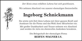 Traueranzeige Inge Schnickmann