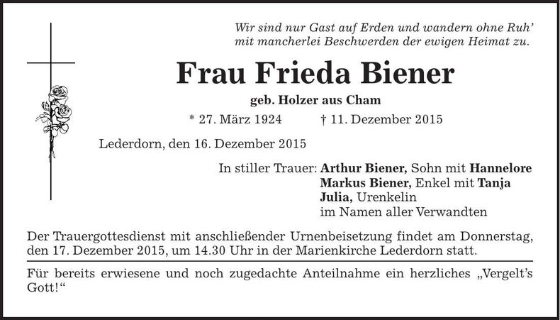 Traueranzeige Frieda Biener