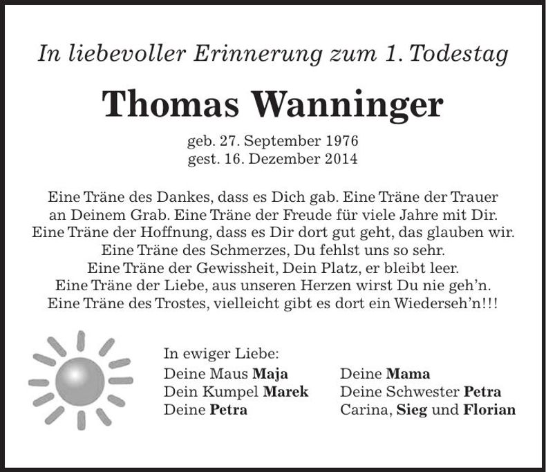 Traueranzeige Thomas Wanninger