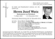 Traueranzeige Josef Wutz