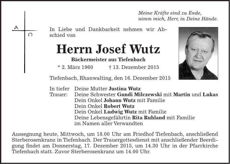 Traueranzeige Josef Wutz