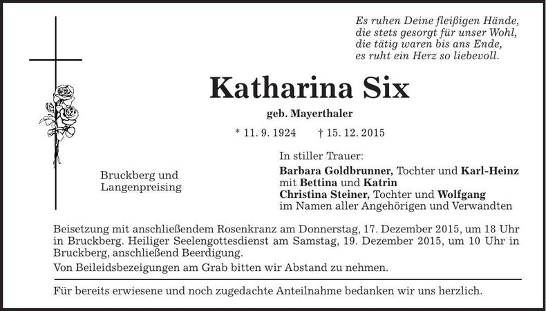 Traueranzeige Katharina Six