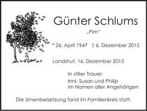 Traueranzeige Günter Schlums