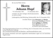 Traueranzeige Johann Hupf