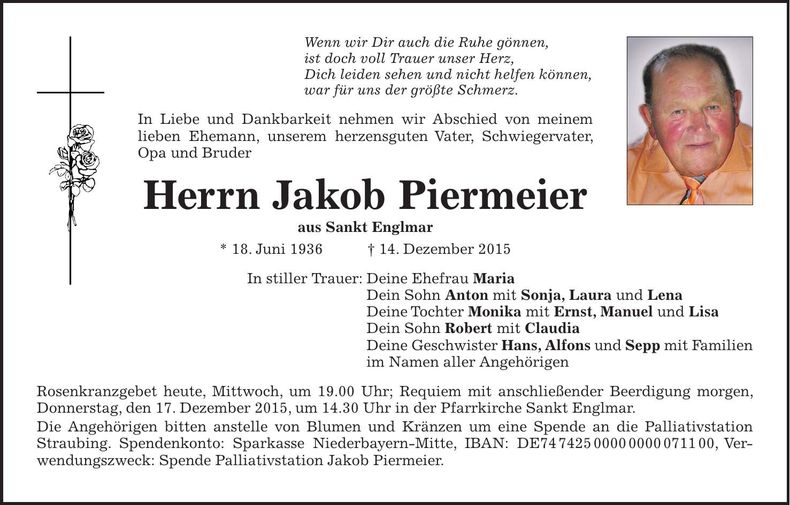Traueranzeige Jakob Piermeier