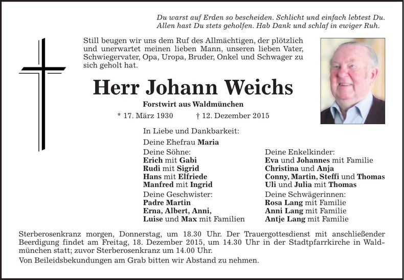 Traueranzeige Johann Weichs