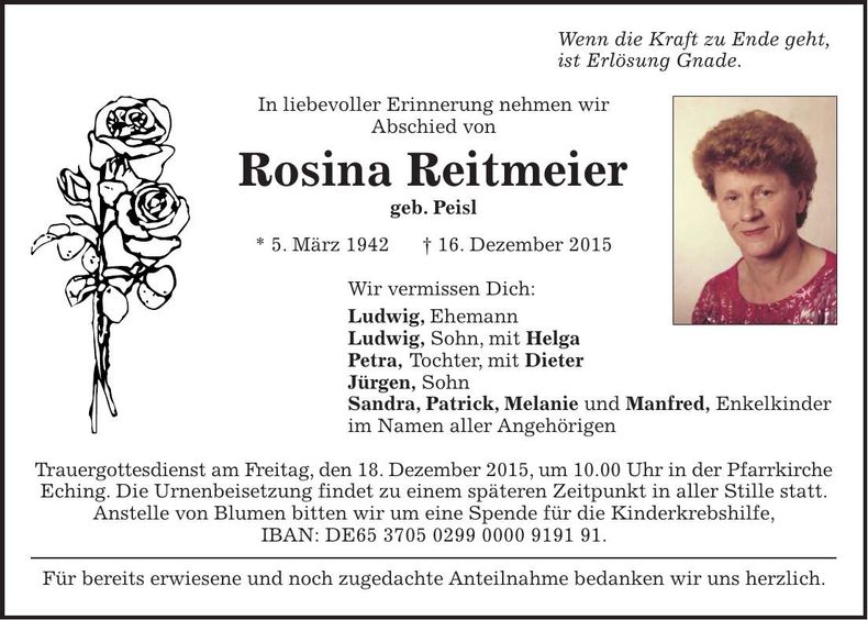 Traueranzeige Rosina Reitmeier