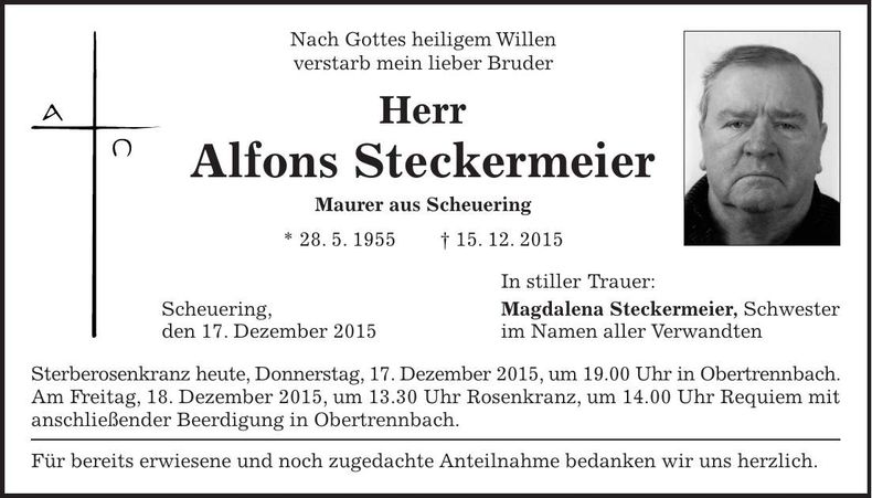 Traueranzeige Alfons Steckermeier