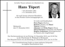 Traueranzeige Hans Töpert