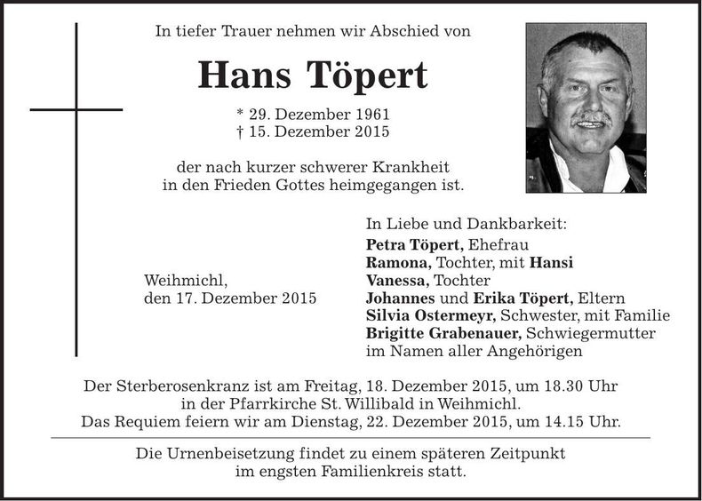 Traueranzeige Hans Töpert
