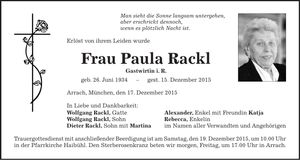 Traueranzeige Paula Rackl