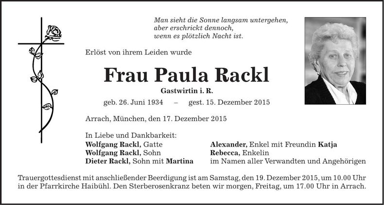 Traueranzeige Paula Rackl