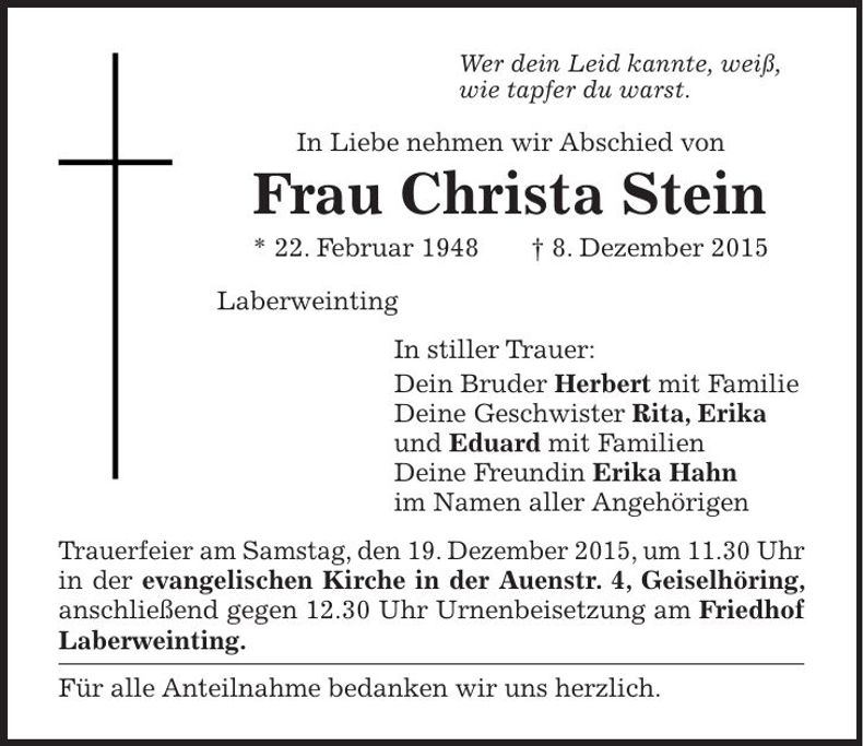 Traueranzeige Christa Stein