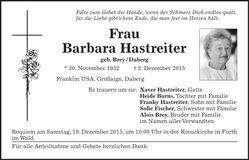 Traueranzeige Barbara Hastreiter