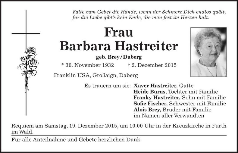 Traueranzeige Barbara Hastreiter