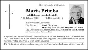 Traueranzeige Maria Primbs