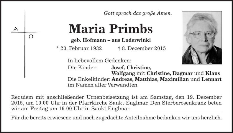 Traueranzeige Maria Primbs