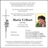 Traueranzeige Maria Urlhart
