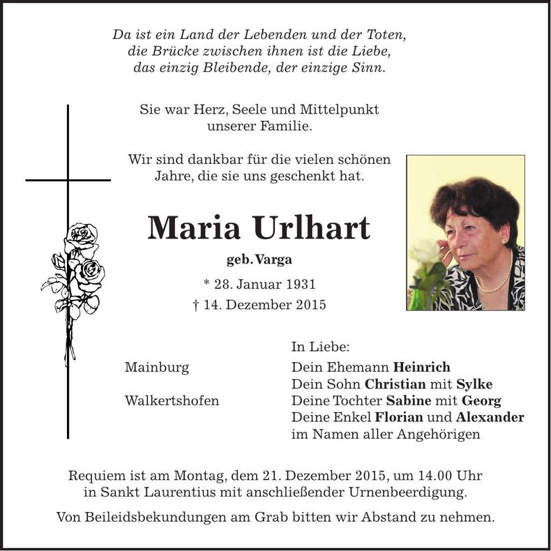 Traueranzeige Maria Urlhart