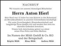 Traueranzeige Anton Hierl