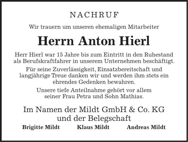 Traueranzeige Anton Hierl