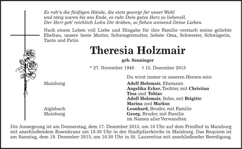 Traueranzeige Theresia Holzmair