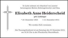 Traueranzeige Elisabeth Anne Heiderscheid