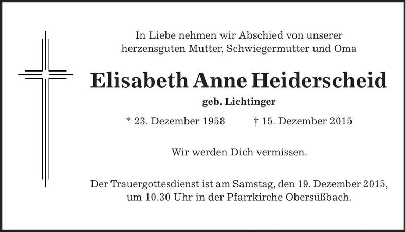 Traueranzeige Elisabeth Anne Heiderscheid