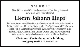 Traueranzeige Johann Hupf
